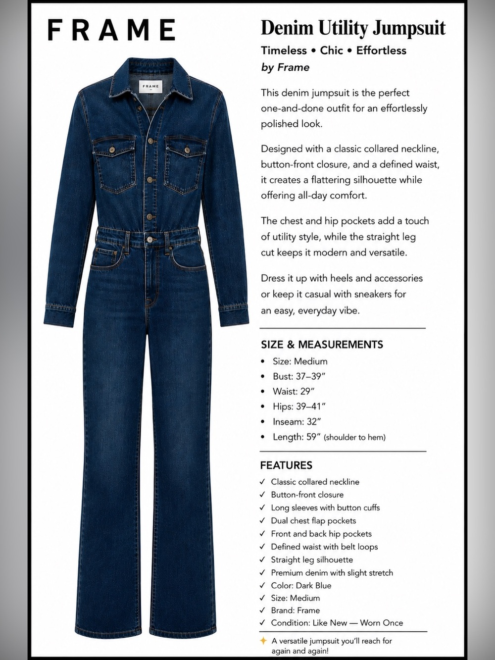 Frame Denim Dark Blue Denim Jumpsuit